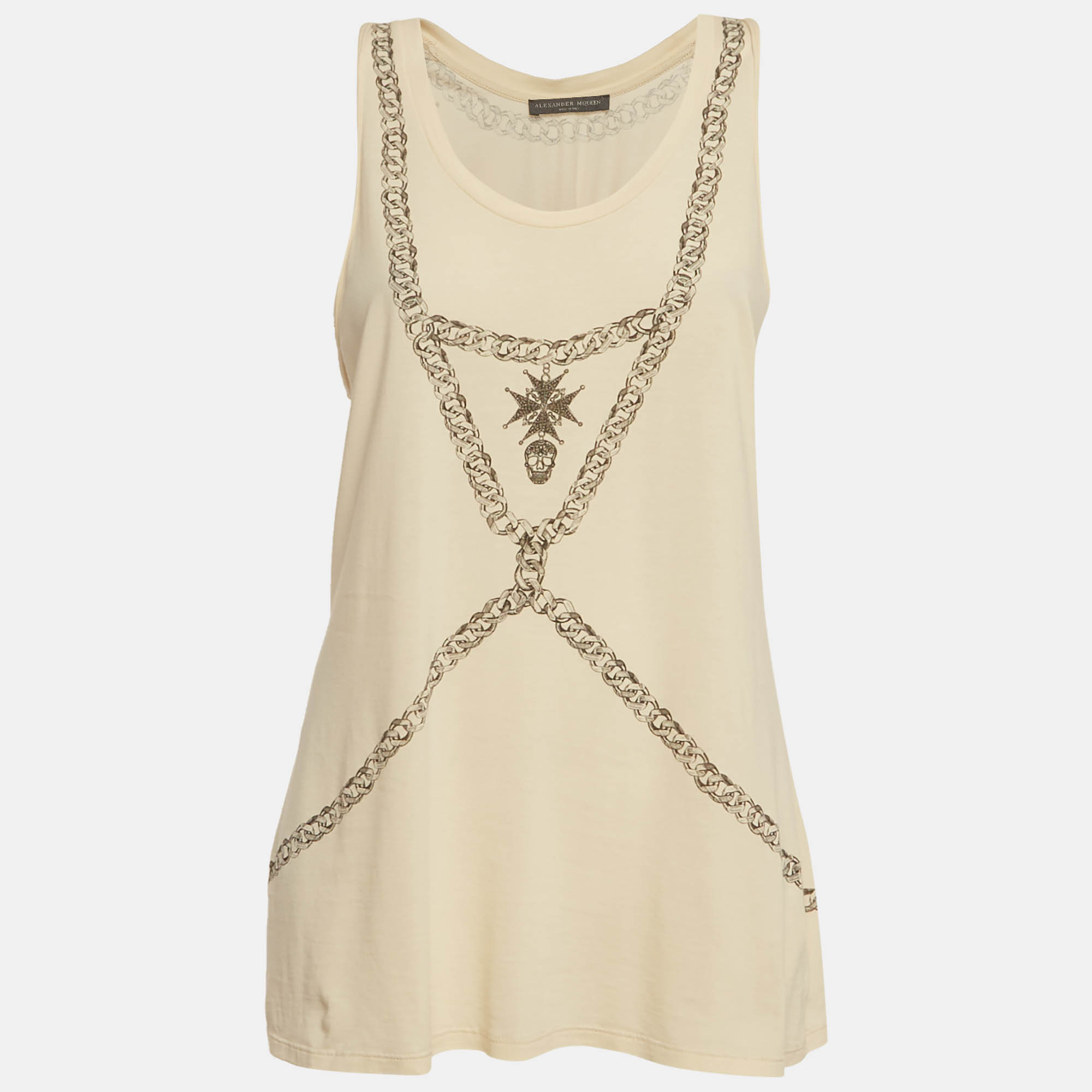 Alexander McQueen Cream Chain Printed Cotton Knit Crossover Back Tank Top Alexander McQueen Cream Chain Printed Cotton Knit Crossover Back Tank Top