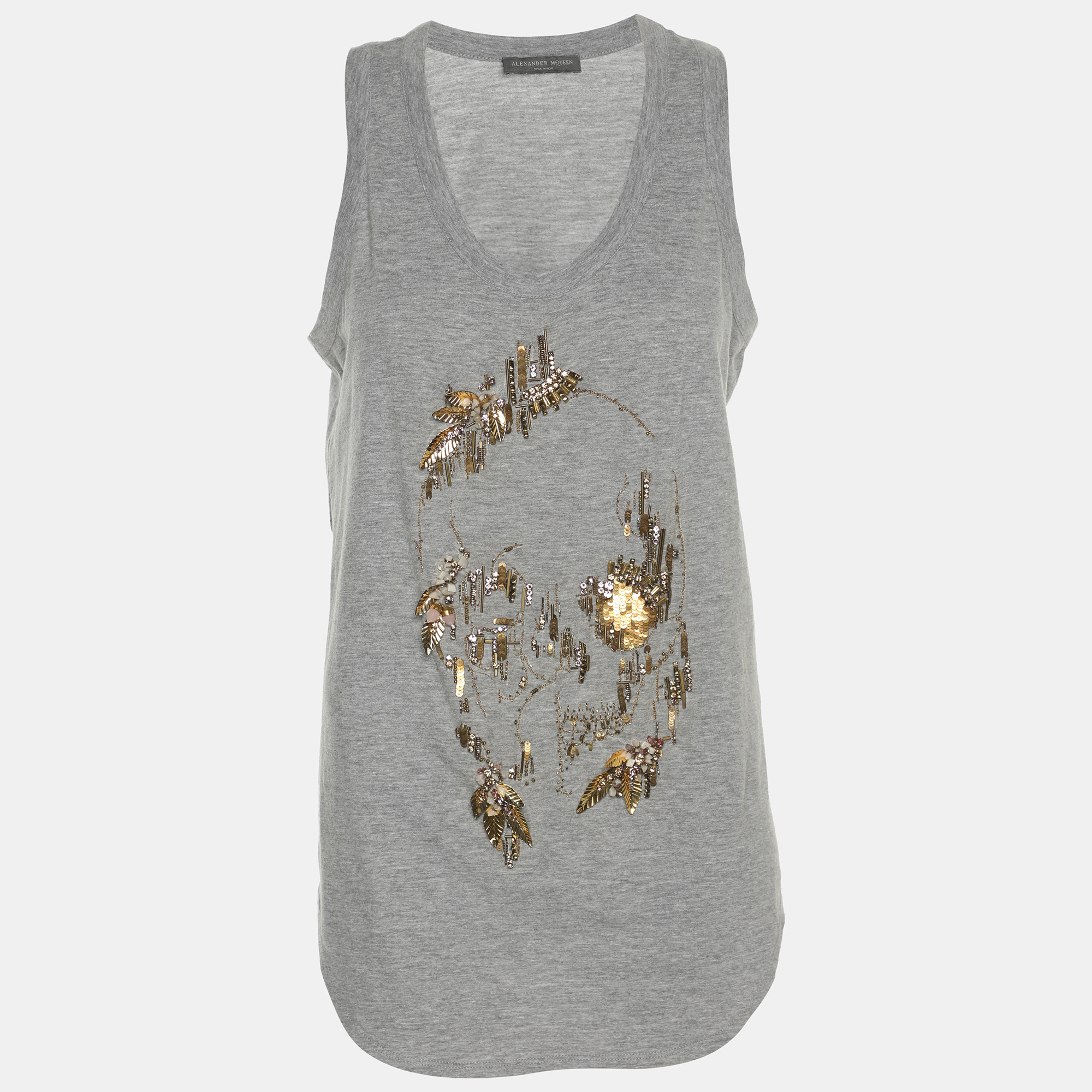 Alexander McQueen Grey Jersey Embellished Skull Motif Tank Top Alexander McQueen Grey Jersey Embellished Skull Motif Tank Top