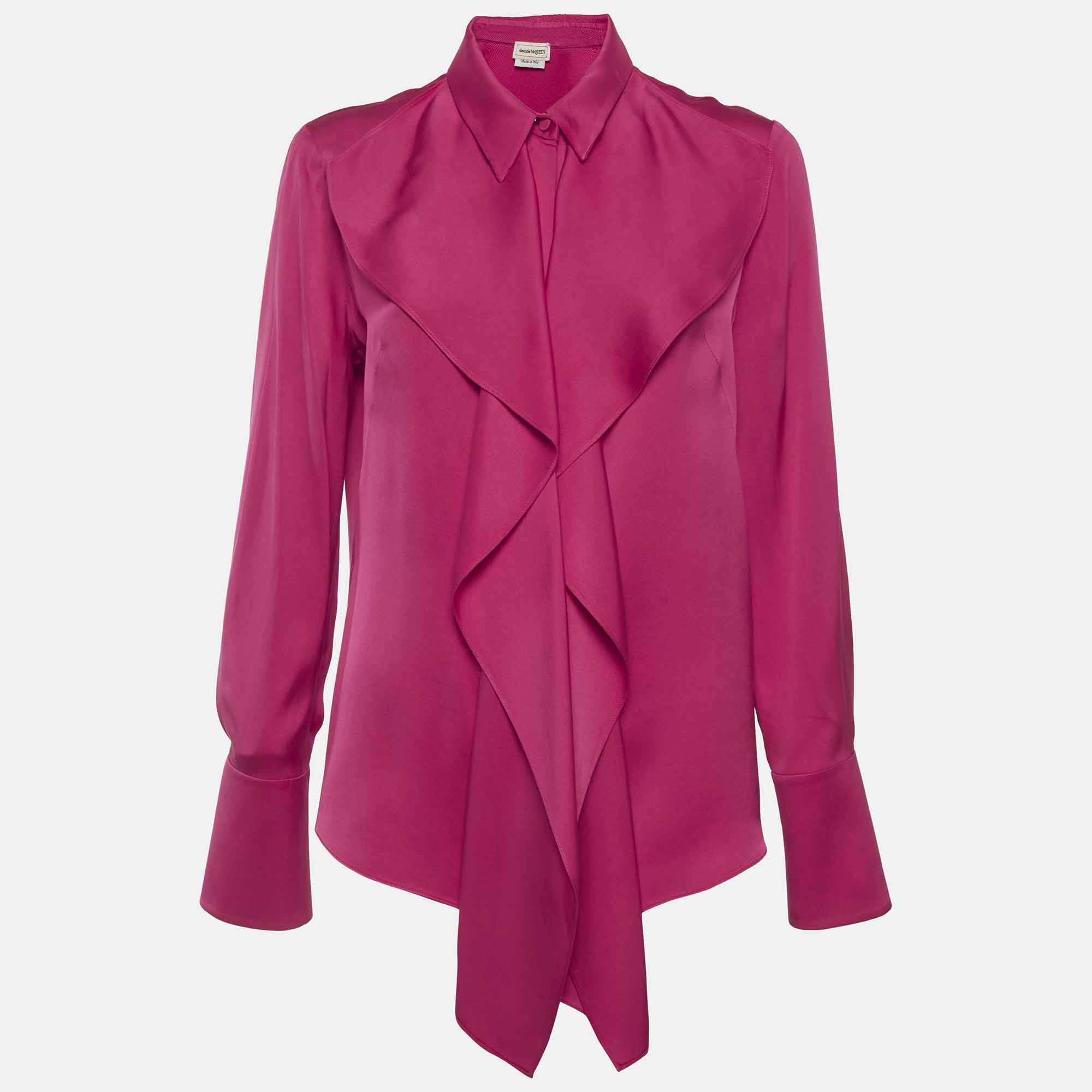 Alexander McQueen Fuchsia Satin Silk Ruffled Shirt Alexander McQueen Fuchsia Satin Silk Ruffled Shirt