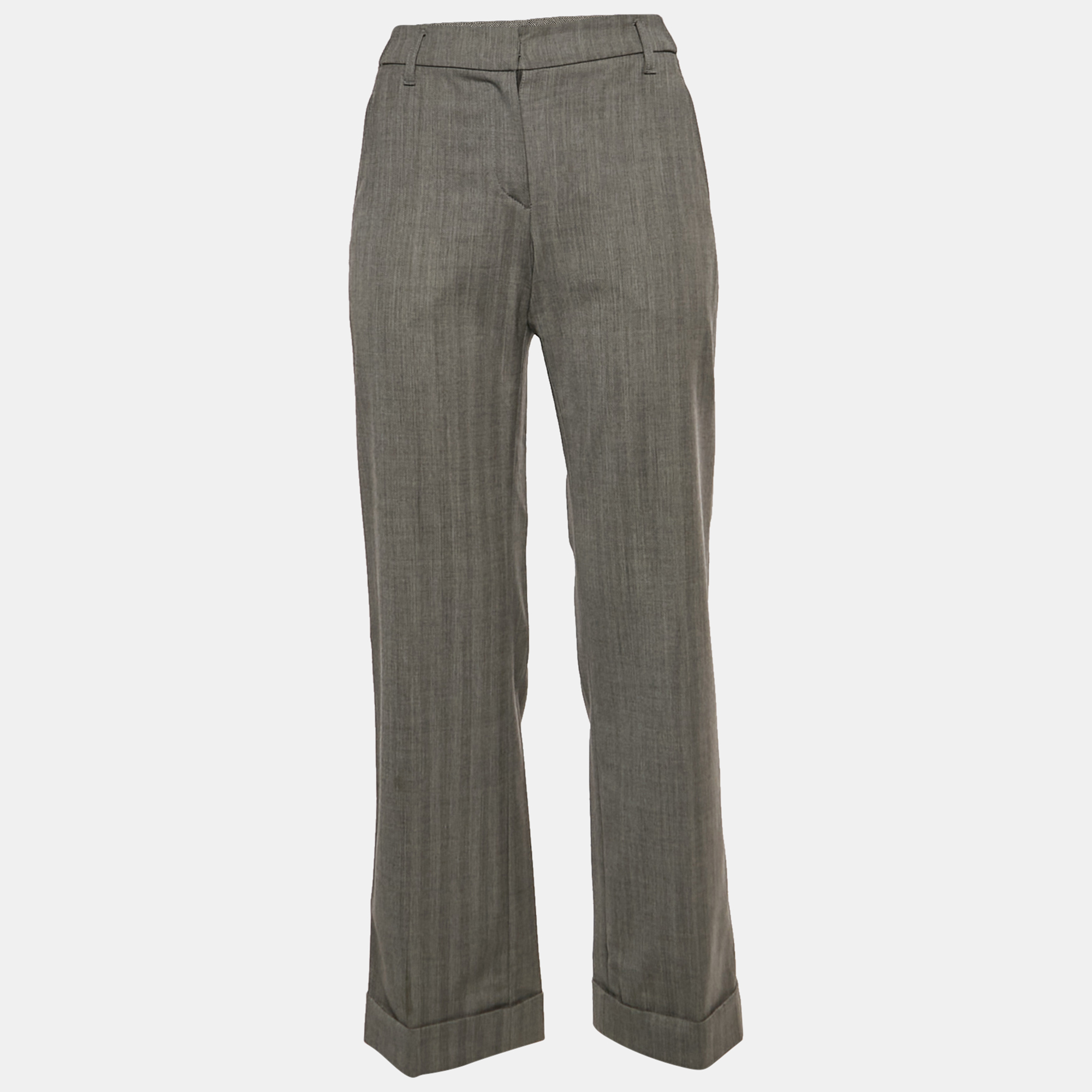 Brunello Cucinelli Grey Herringbone Wool Blend Regular Fit Trousers Brunello Cucinelli Grey Herringbone Wool Blend Regular Fit Trousers