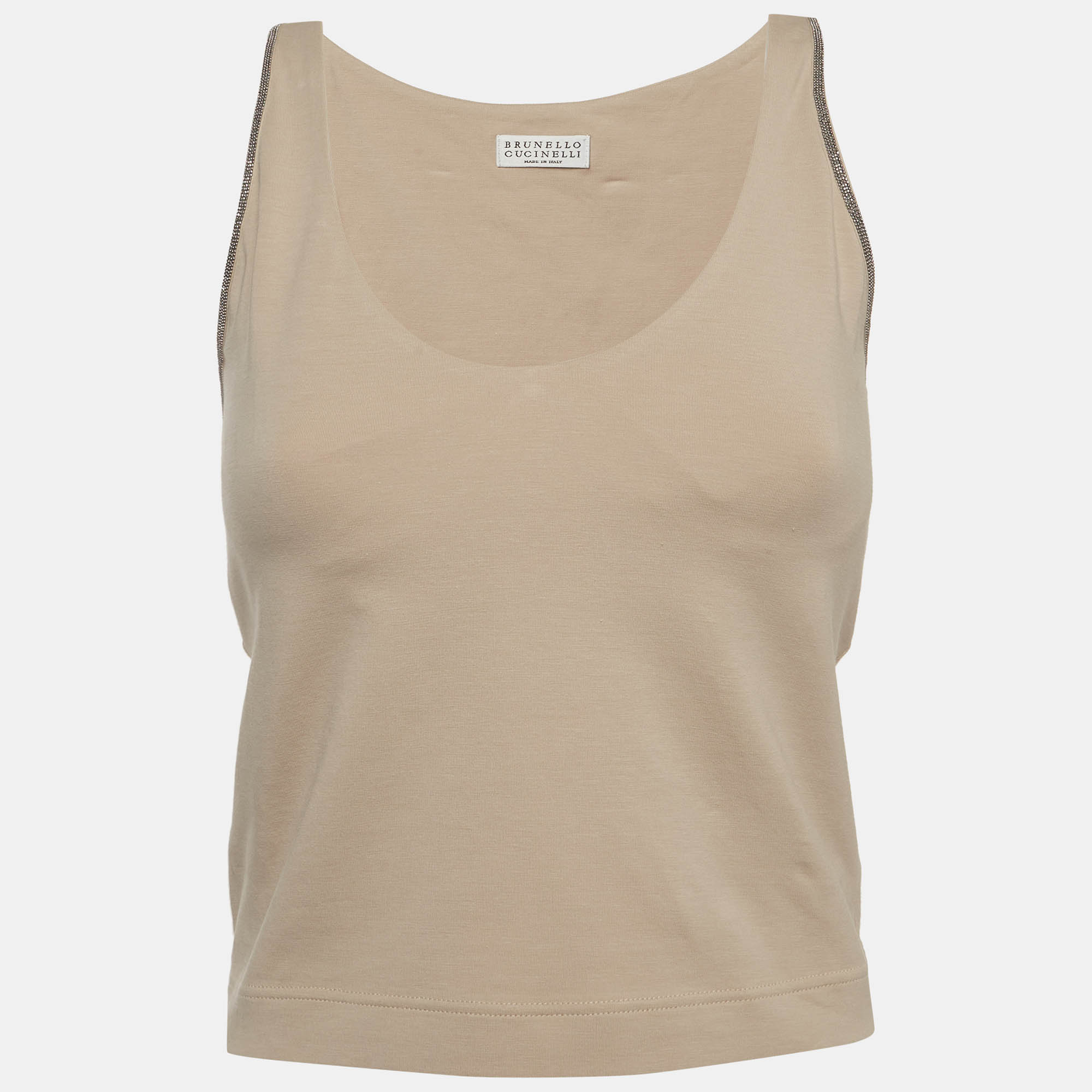 Brunello Cucinelli Beige Monili Embellished Knit Cropped Tank Top Brunello Cucinelli Beige Monili Embellished Knit Cropped Tank Top