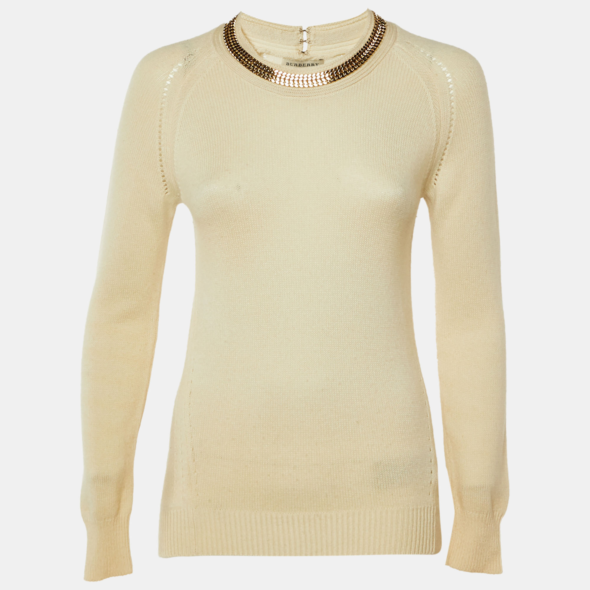 Burberry Cream Collar Embellished Wool Blend Jumper