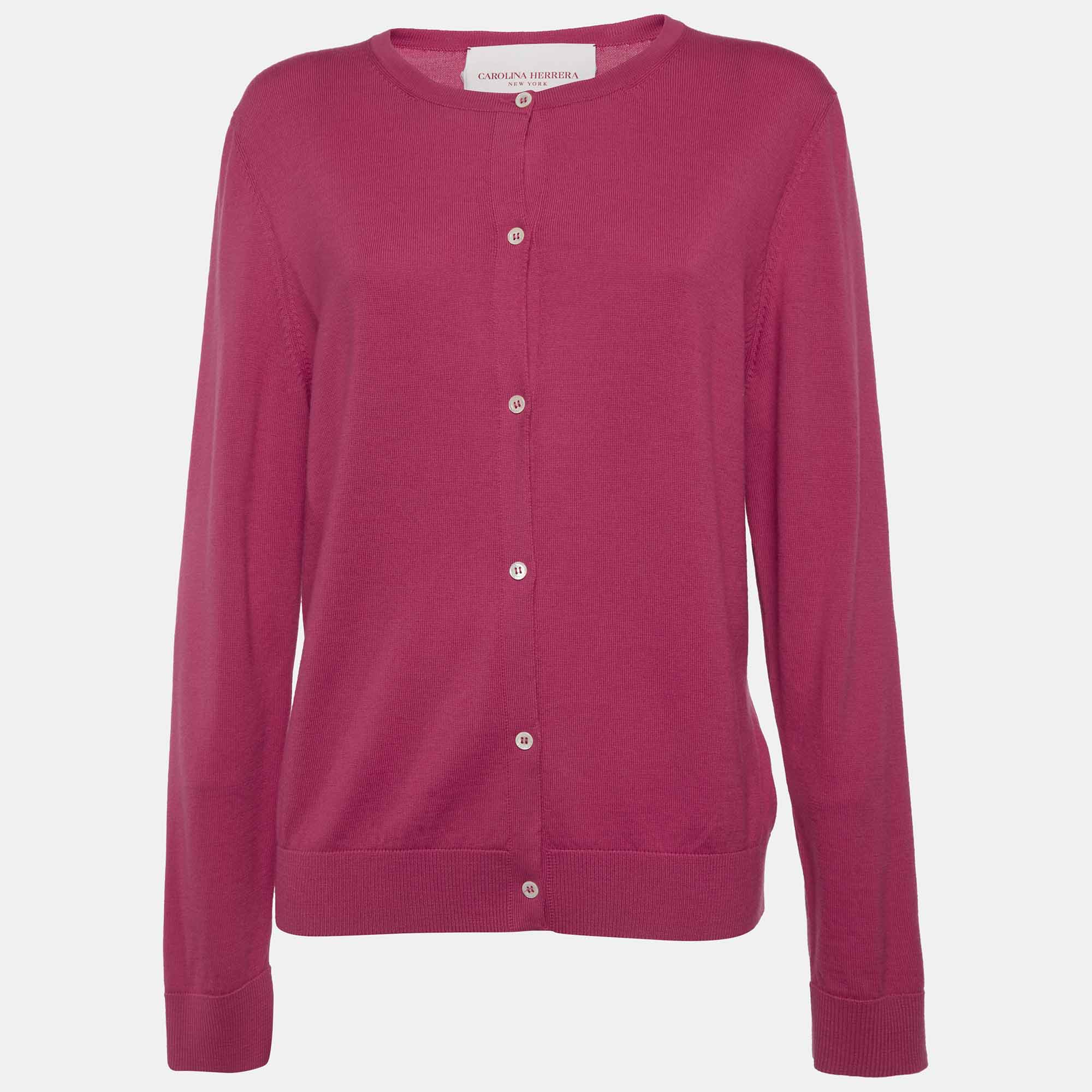 Carolina Herrera Pink Wool Knit Button Front Cardigan Carolina Herrera Pink Wool Knit Button Front Cardigan