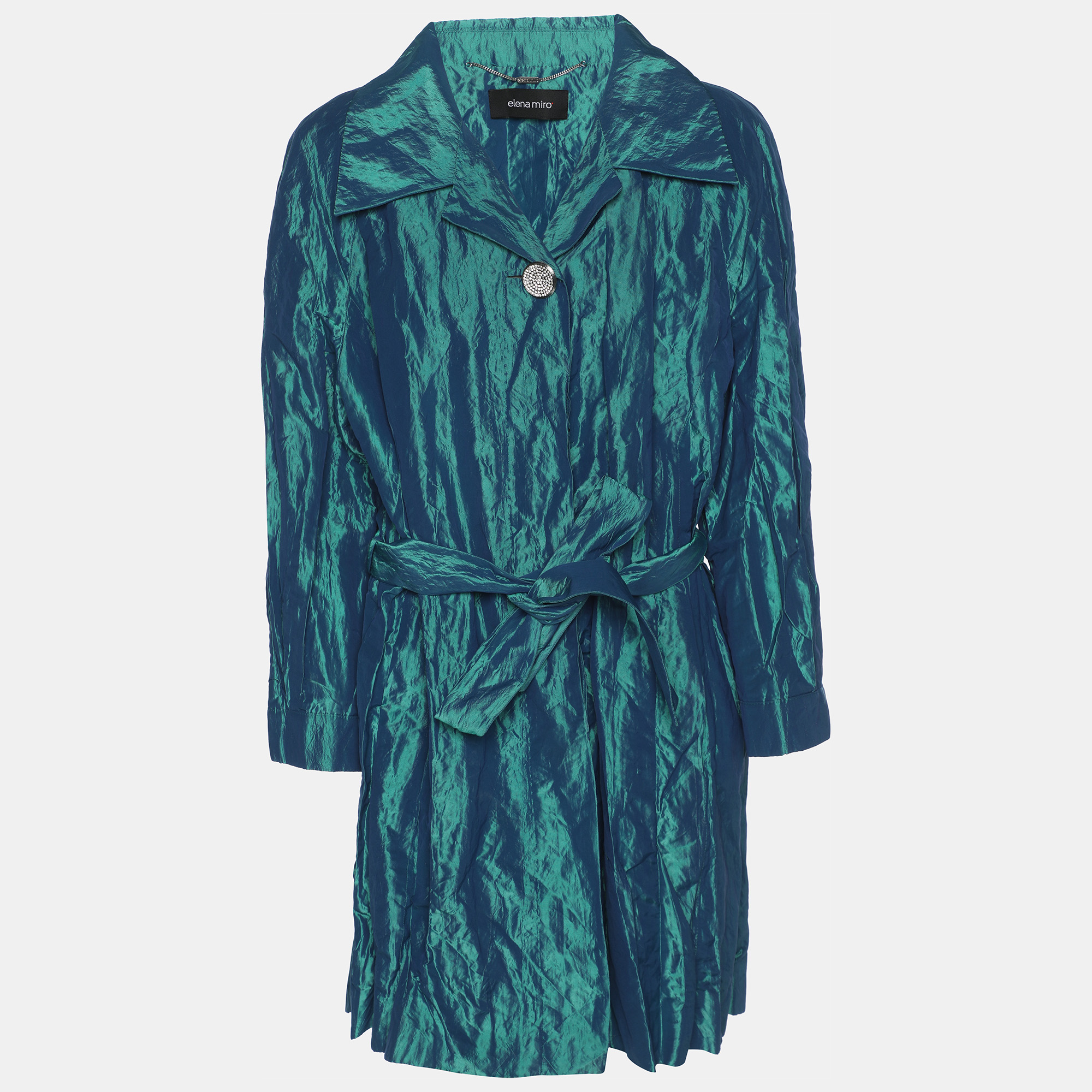 Elena Miro Metallic Green Taffeta Belted Trench Coat Elena Miro Metallic Green Taffeta Belted Trench Coat