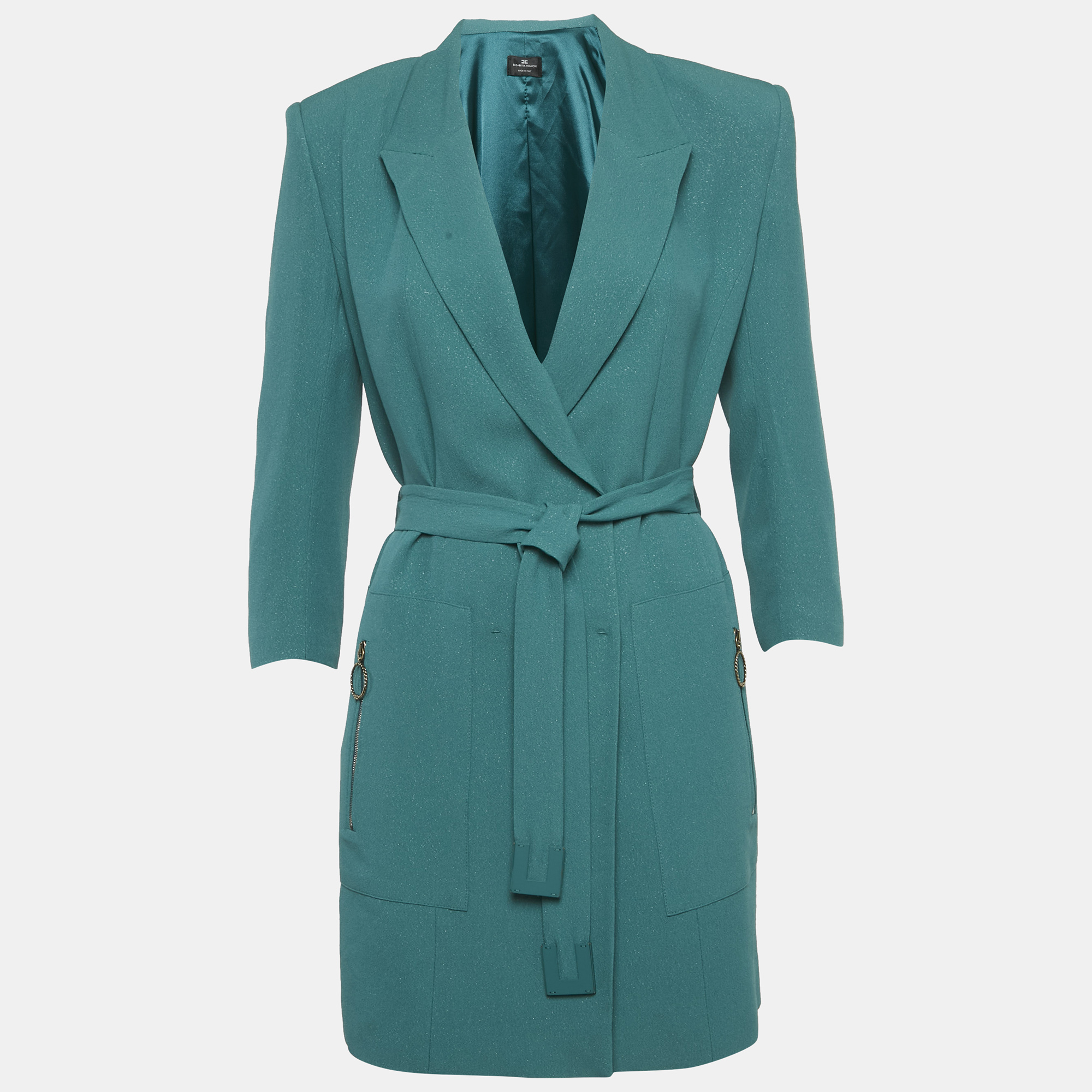 Elisabetta Franchi Green Shimmering Crepe Belted Double Breasted Jacket Elisabetta Franchi Green Shimmering Crepe Belted Double Breasted Jacket