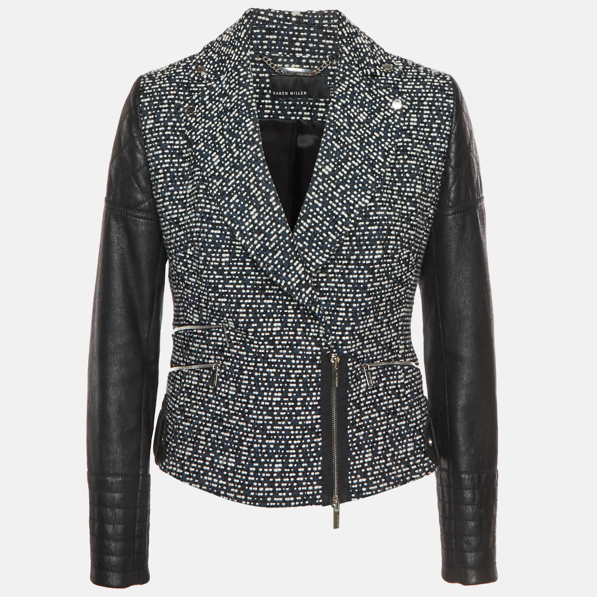 Karen Millen Black Tweed and Leather Biker Jacket Karen Millen Black Tweed and Leather Biker Jacket