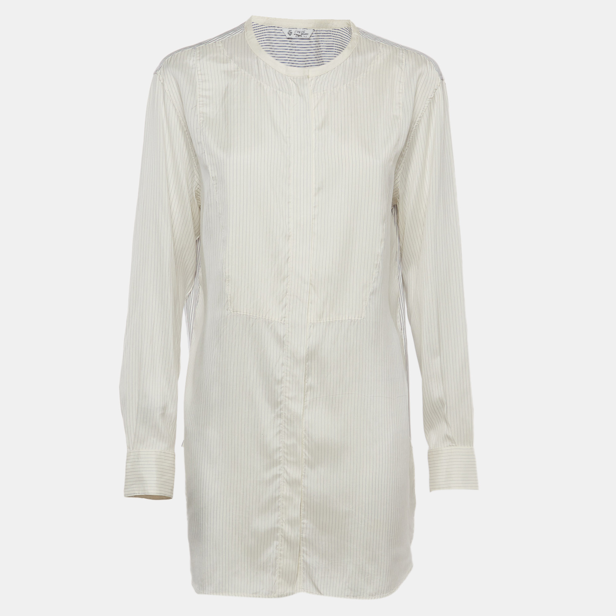 Loro Piana White Striped Silk Mandarin Collar Shirt Loro Piana White Striped Silk Mandarin Collar Shirt