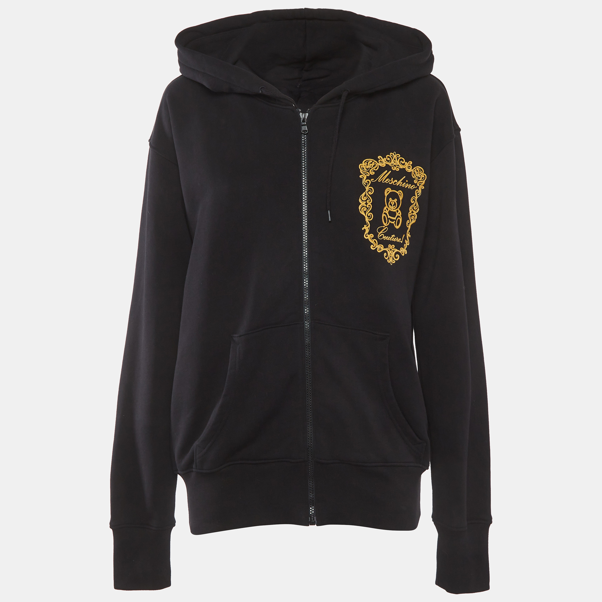 Moschino Couture Black Embroidered Cotton Zip-Up Hoodie Moschino Couture Black Embroidered Cotton Zip-Up Hoodie