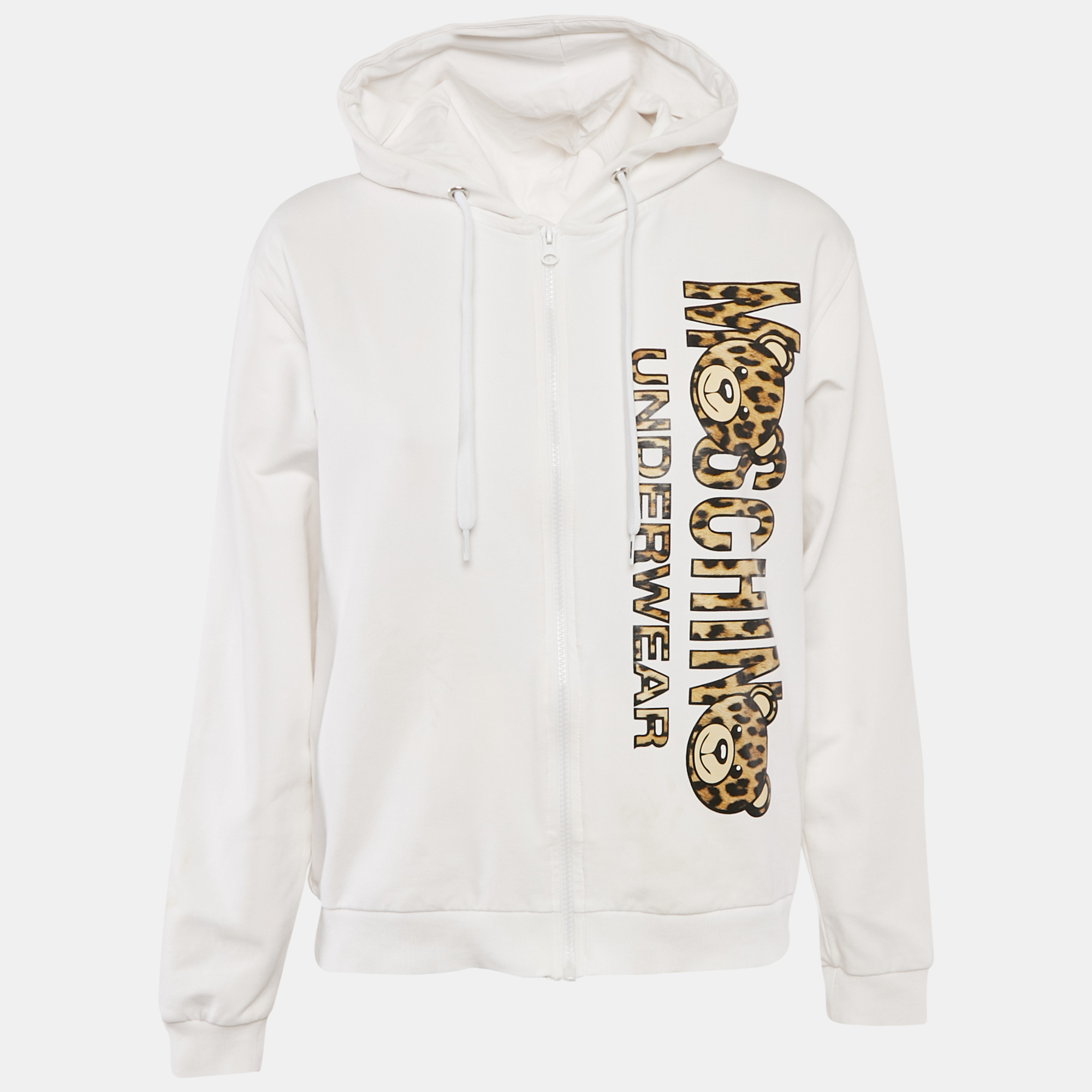 Moschino White Logo Print Cotton Knit Zip-Up Hoodie Jacket Moschino White Logo Print Cotton Knit Zip-Up Hoodie Jacket
