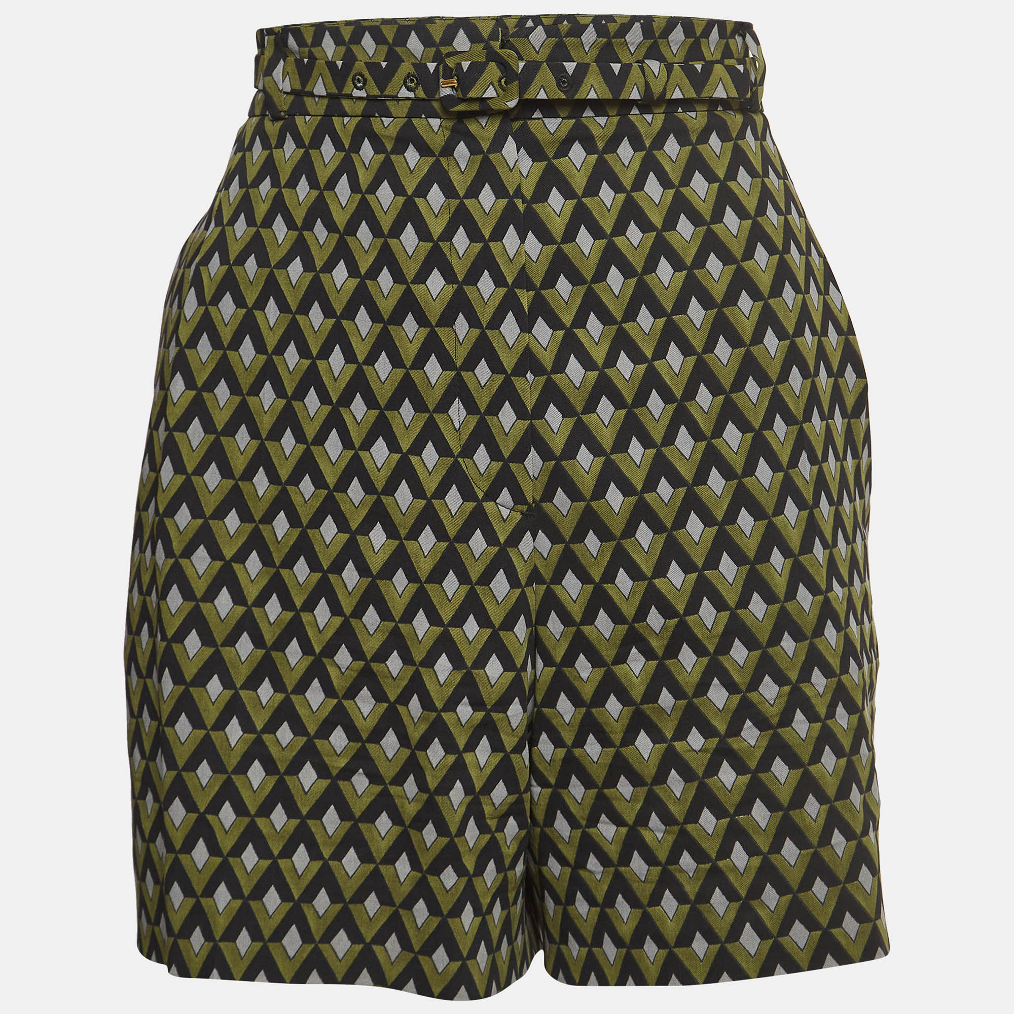 Prada Green Geometric Print Virgin Wool Belted Shorts Prada Green Geometric Print Virgin Wool Belted Shorts