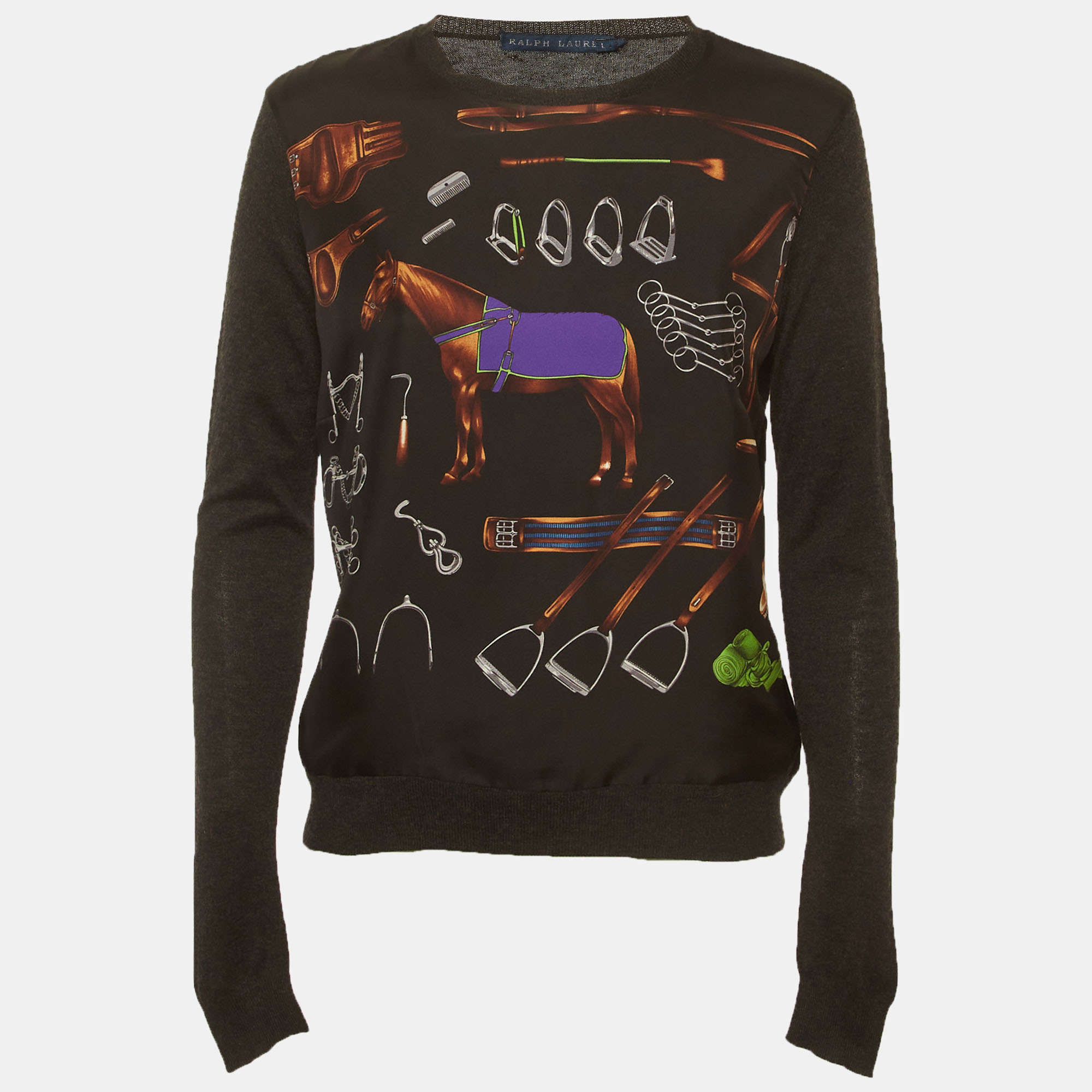 Ralph Lauren Grey Printed Silk and Knit Sweatshirt Ralph Lauren Grey Printed Silk and Knit Sweatshirt
