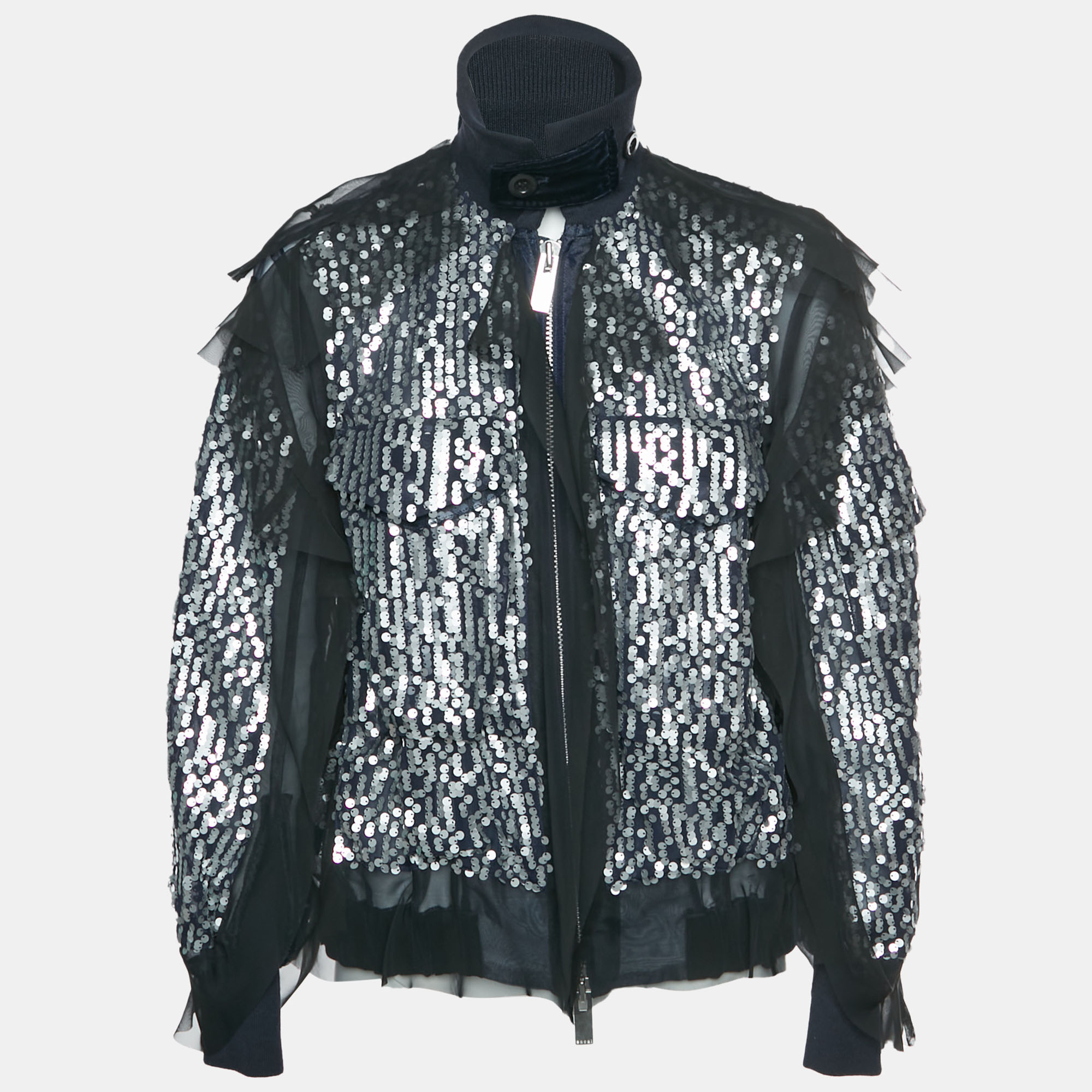 Sacai Navy BlueSilver Sequins Ruffled Bomber Jacket