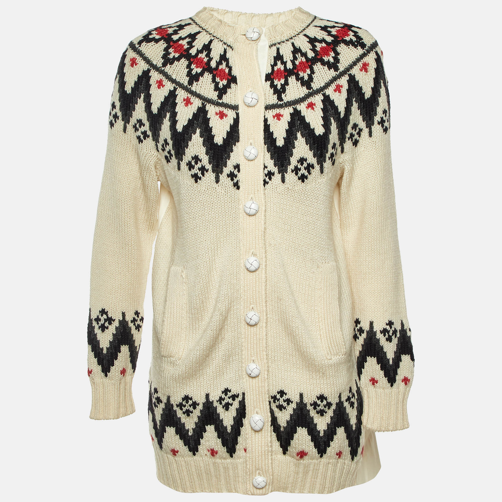 Sacai White Gabardine and Fair Isle Knit Cardigan