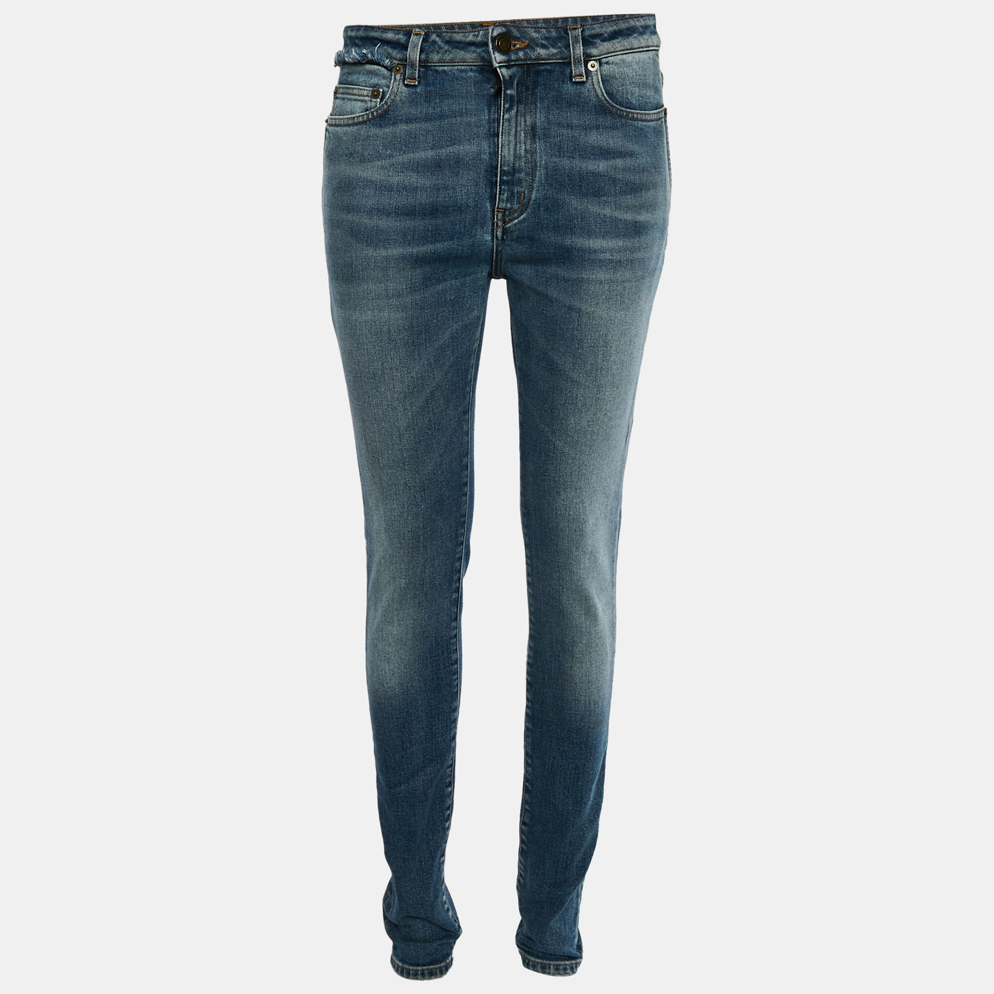 Saint Laurent Blue Faded Denim Frayed Waist Jeans MWaist “