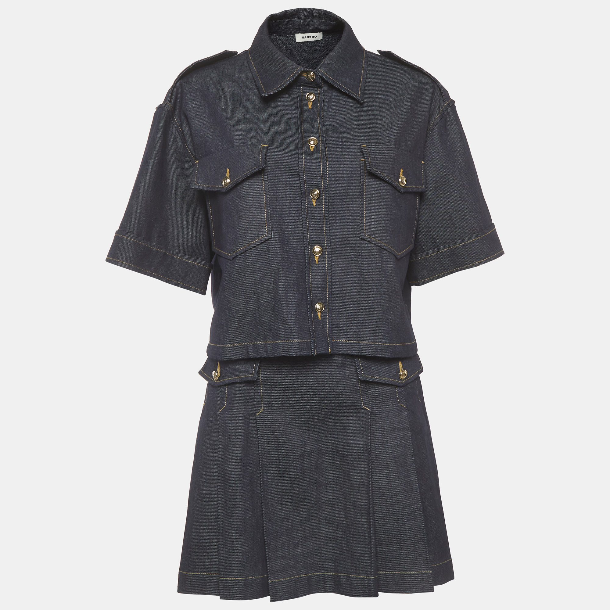 Sandro Blue Denim Cropped Jacket and Mini Skirt Set
