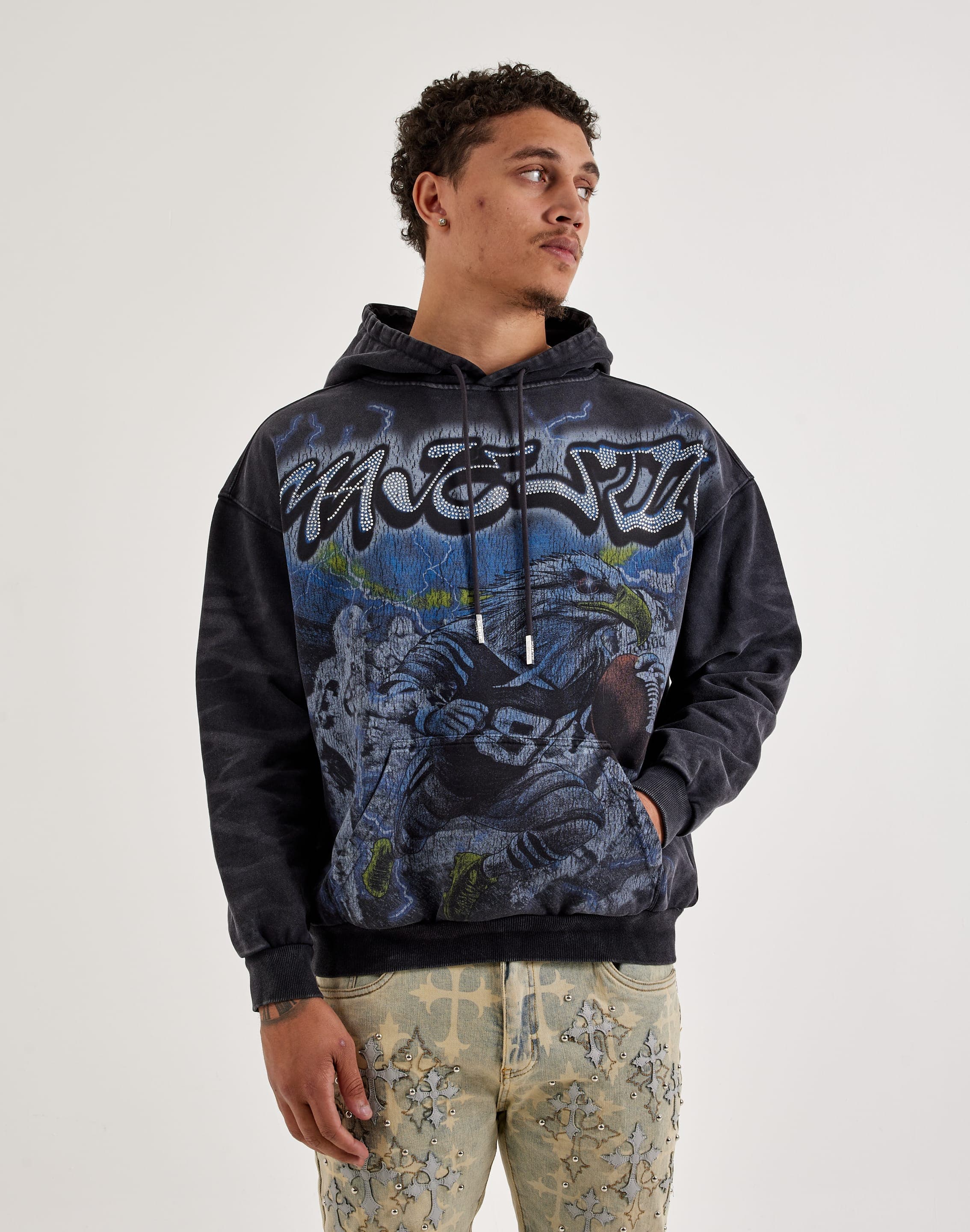 Majestik Eagle Rhinestone Fleece Pullover Hoodie Majestik Eagle Rhinestone Fleece Pullover Hoodie