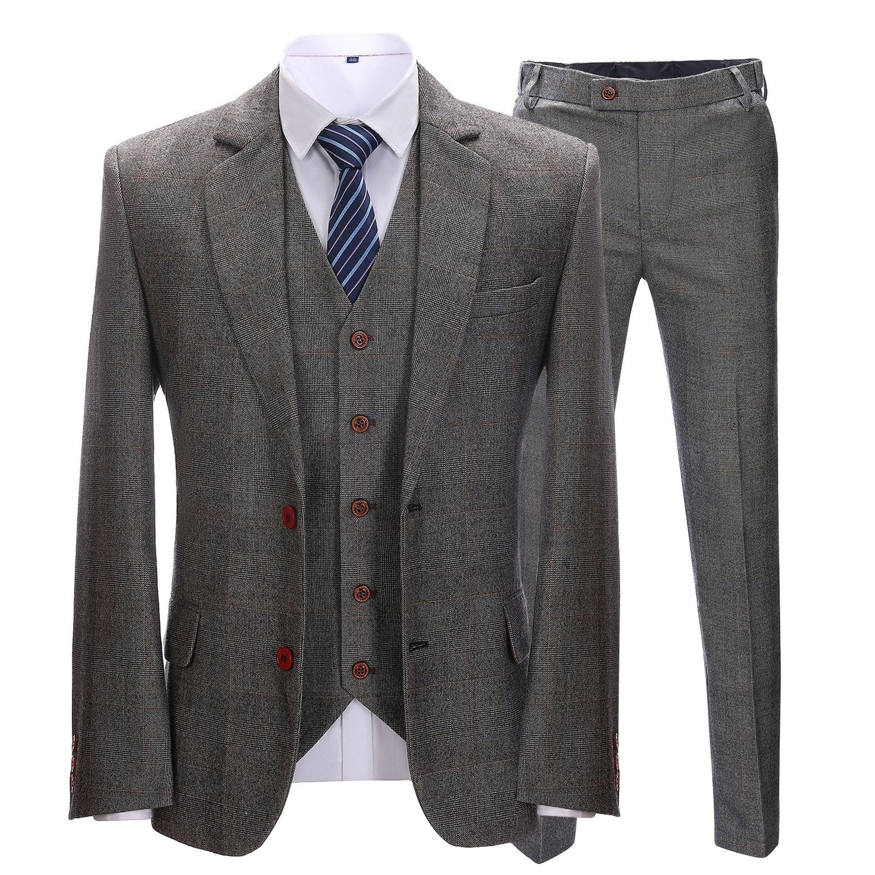 Menseventwear Men’s Business Pieces Formal Grey Tweed Notch Lapel Suit Blazer+vest+Pants Menseventwear Men’s Business Pieces Formal Grey Tweed Notch Lapel Suit Blazer+vest+Pants