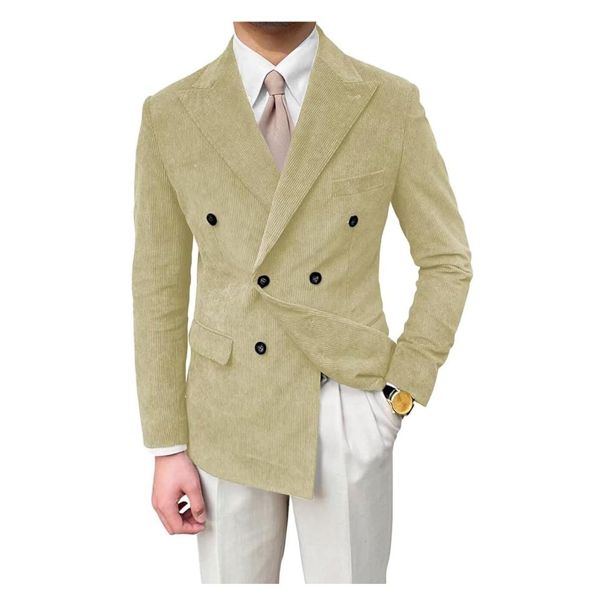 Men’s Fashion Corduroy Peak Lapel Double Breasted Jacket Sport Coat