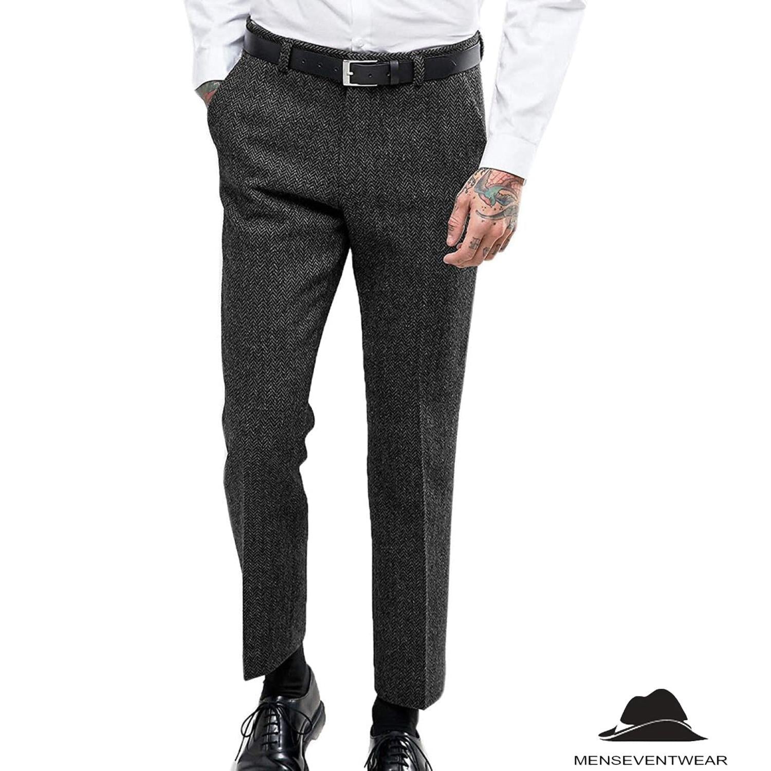 Menseventwear Men’s Retro Suit Pants Herringbone Tweed Trousers – Black W x L
