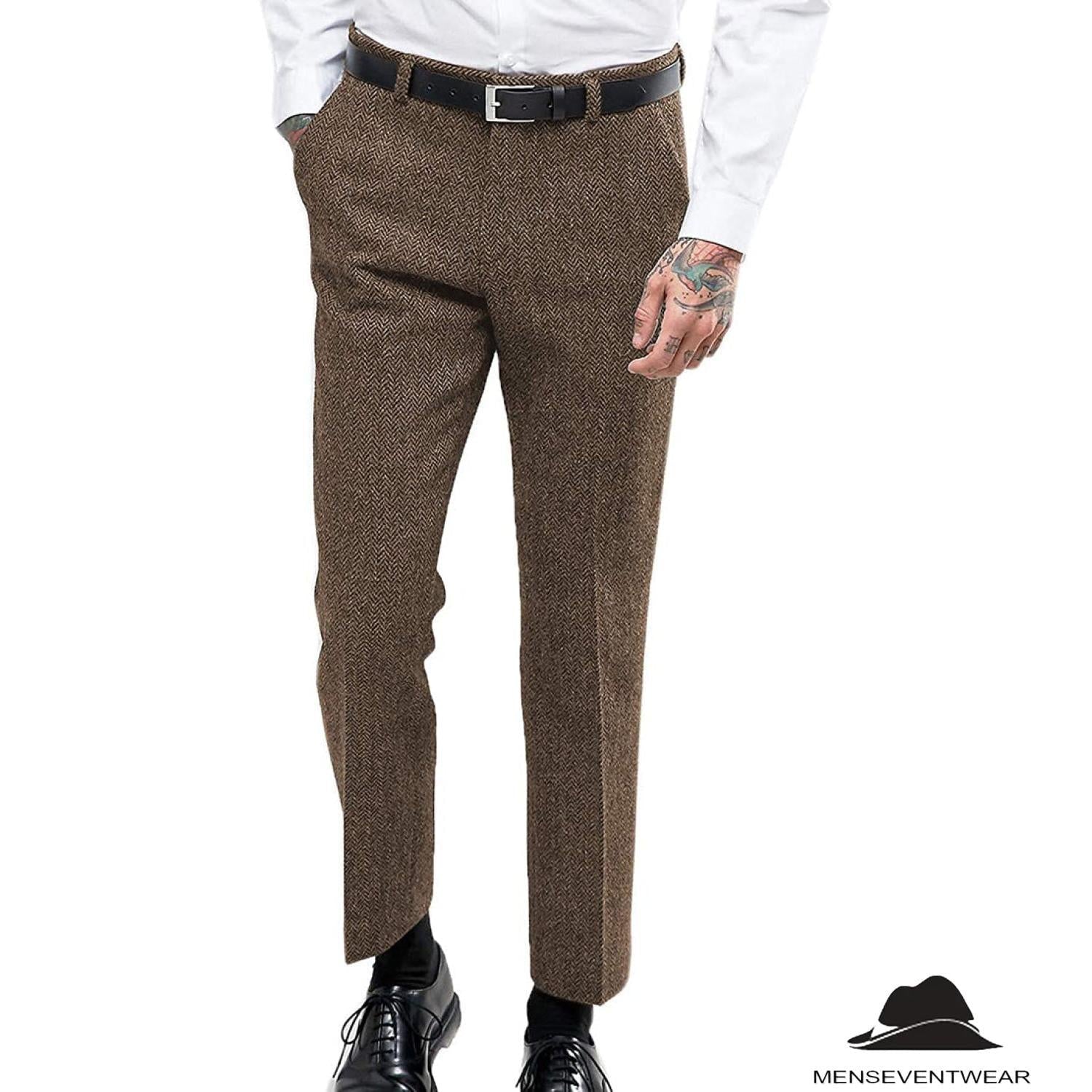 Menseventwear Men’s Retro Suit Pants Herringbone Tweed Trousers – Brown W x L Menseventwear Men’s Retro Suit Pants Herringbone Tweed Trousers – Brown W x L