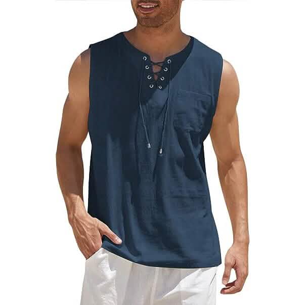 Men’s Cotton Linen Tank Top Shirts Casual Sleeveless Lace Up Beach Hippie Tops Bohemian Renaissance Pirate Tunic Men’s Cotton Linen Tank Top Shirts Casual Sleeveless Lace Up Beach Hippie Tops Bohemian Renaissance Pirate Tunic