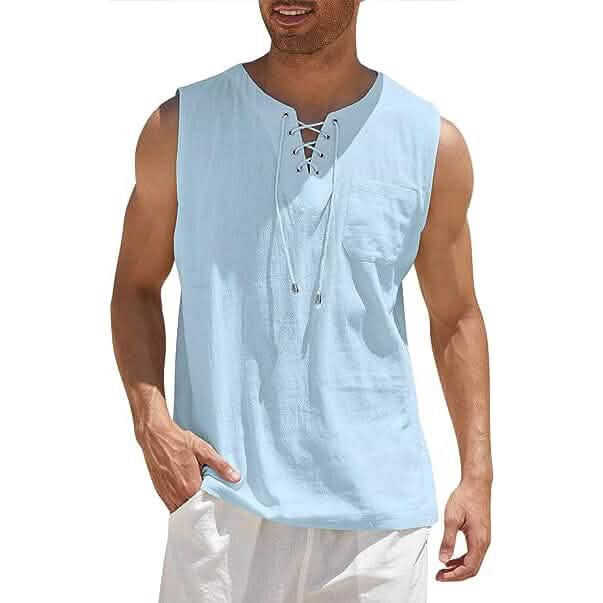 Men’s Cotton Linen Tank Top Shirts Casual Sleeveless Lace Up Beach Hippie Tops Bohemian Renaissance Pirate Tunic
