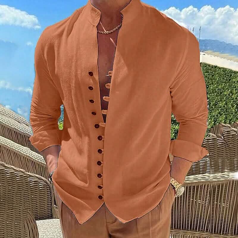 Men’s Linen Button Up Shirt Long Sleeve Plain Band Collar Men’s Linen Button Up Shirt Long Sleeve Plain Band Collar
