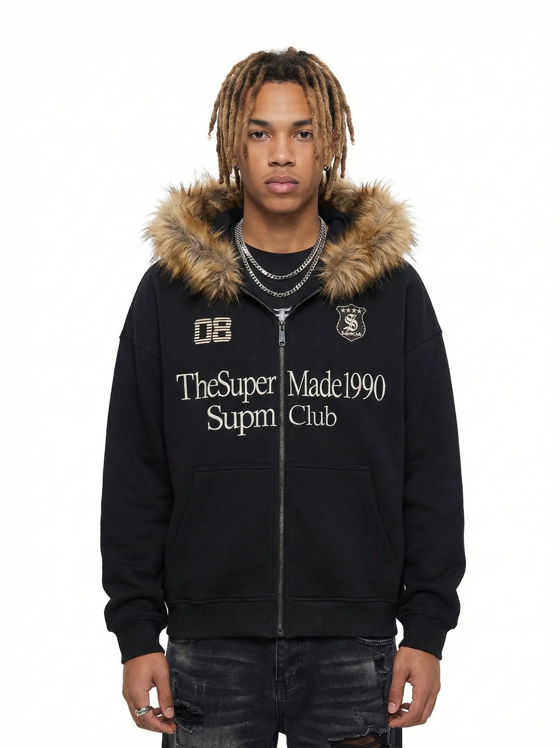 Letter Medal Embroidered Cardigan Fur Collar Zip Up Hoodie Letter Medal Embroidered Cardigan Fur Collar Zip Up Hoodie