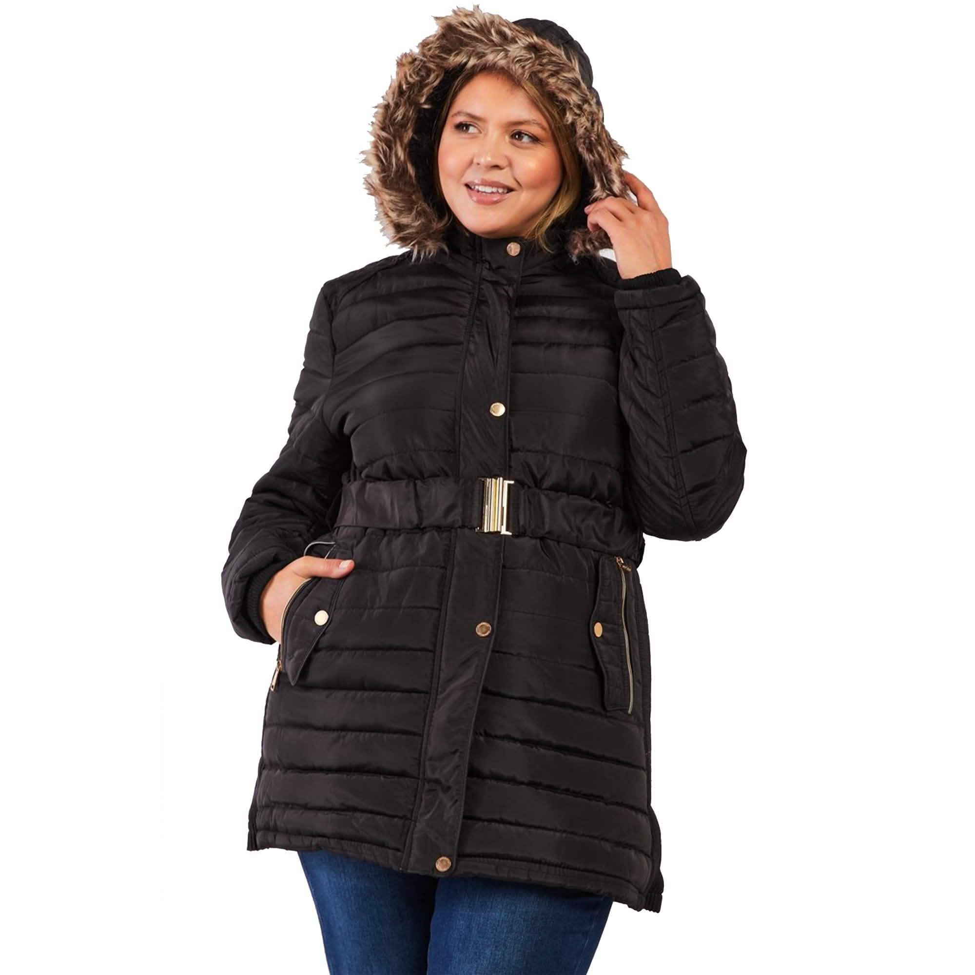 Plus Parallel Quilt Faux Fur Hood Belted Padded Long Puffer Jacket Plus Parallel Quilt Faux Fur Hood Belted Padded Long Puffer Jacket