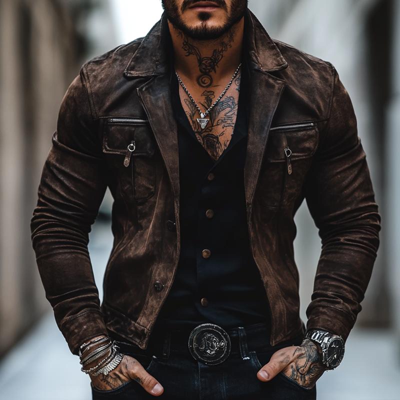 Men’s Vintage Distressed Suede Lapel Chest Pocket Single Breasted Jacket Z Men’s Vintage Distressed Suede Lapel Chest Pocket Single Breasted Jacket Z