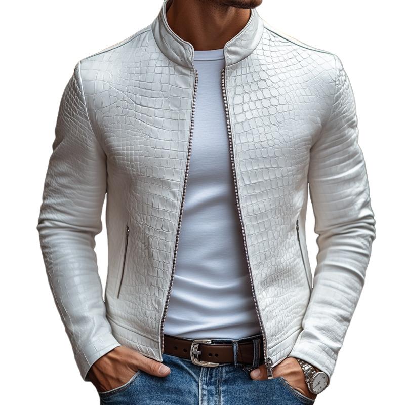【-hour shipping out】Men’s Fashion Stone Pattern Stand Collar Zipper Slim Fit Leather Jacket M 【-hour shipping out】Men’s Fashion Stone Pattern Stand Collar Zipper Slim Fit Leather Jacket M