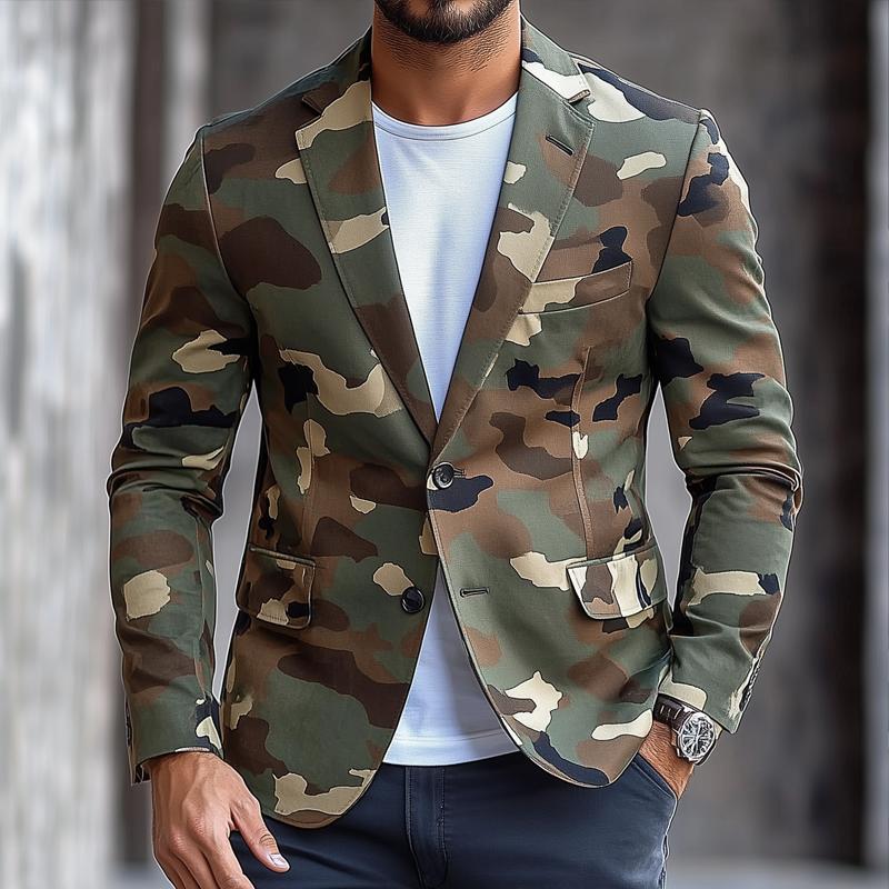 Men’s Retro Camouflage Notch Lapel Single Breasted Casual Blazer Z Men’s Retro Camouflage Notch Lapel Single Breasted Casual Blazer Z
