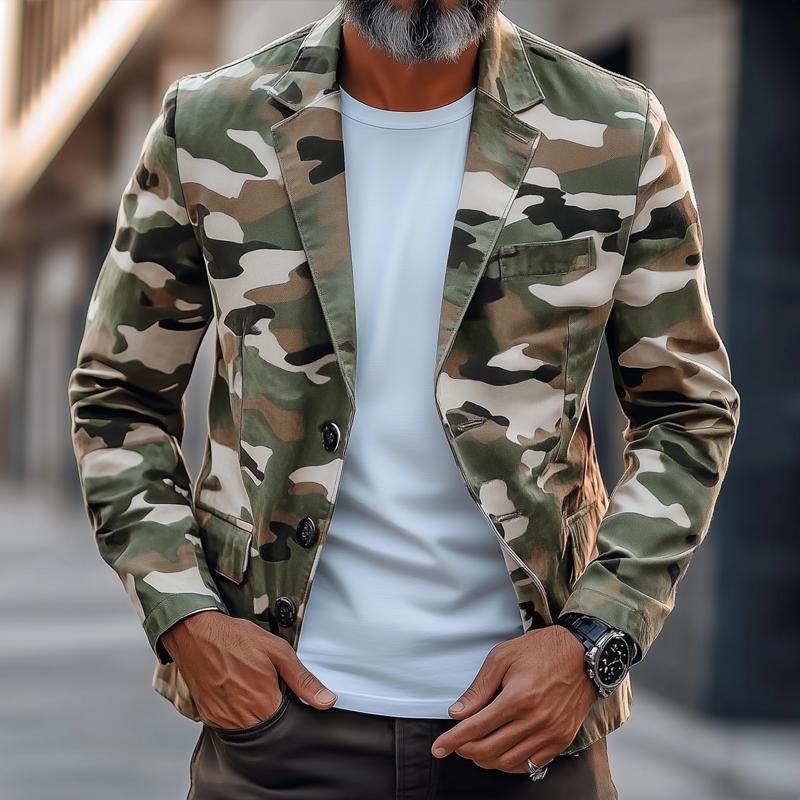 Men’s Retro Camouflage Notch Lapel Single Breasted Casual Blazer Z