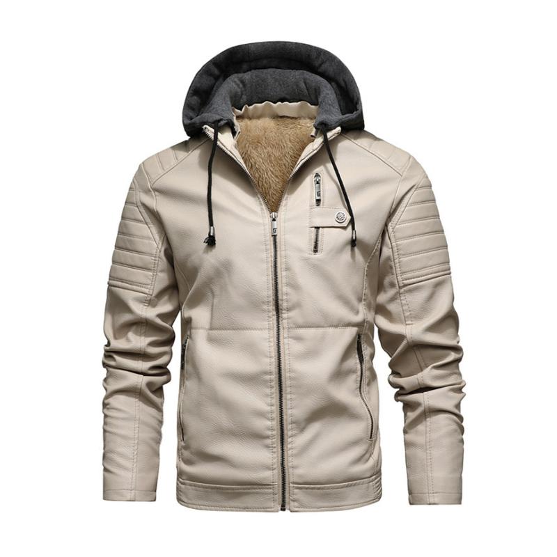 Men’s Vintage Hooded Fleece Warm Zip-Up Slim Fit Leather Jacket M – Beige Men’s Vintage Hooded Fleece Warm Zip-Up Slim Fit Leather Jacket M – Beige