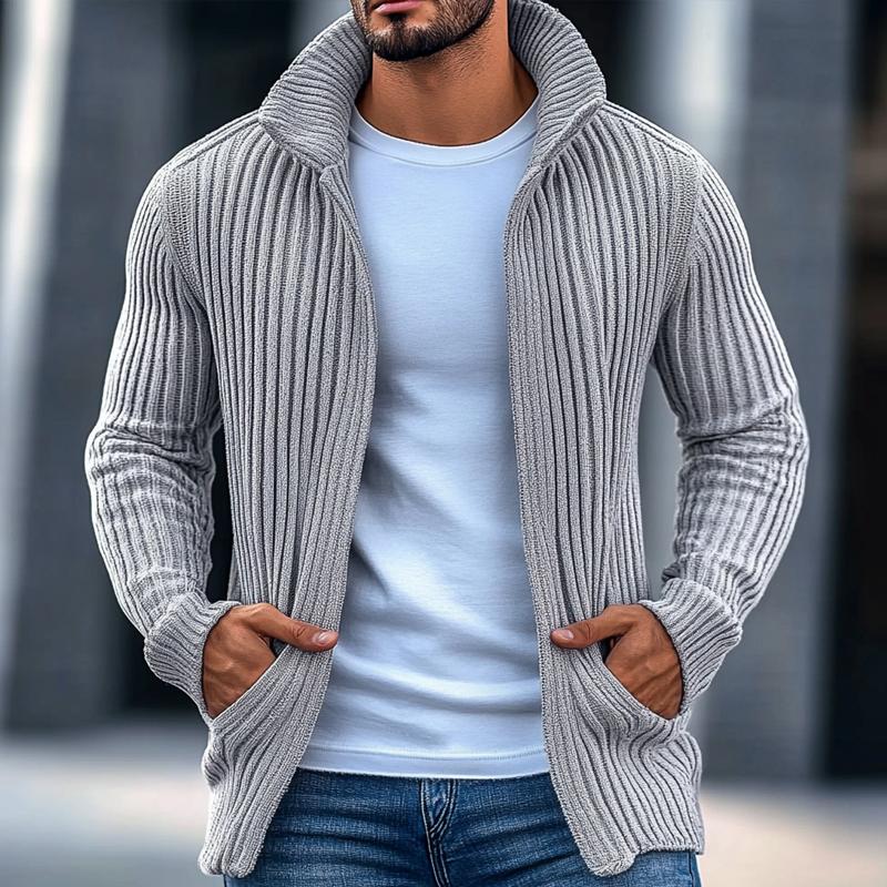 Men’s Fashion Stand Collar Solid Striped Long Sleeve Knit Cardigan Z