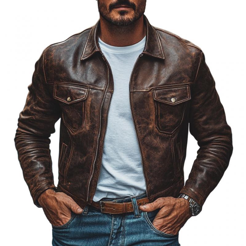 Men’s Vintage Leather Distressed Lapel Zipper Slim Fit Jacket M Men’s Vintage Leather Distressed Lapel Zipper Slim Fit Jacket M
