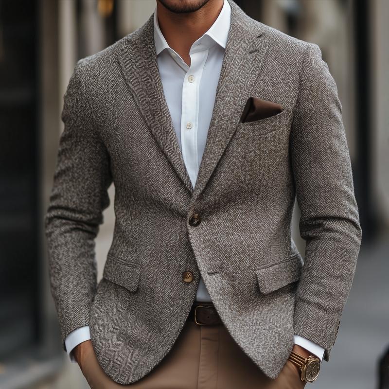 Men’s Vintage Herringbone Notch Lapel Two Buttons Slim Blazer Z Men’s Vintage Herringbone Notch Lapel Two Buttons Slim Blazer Z