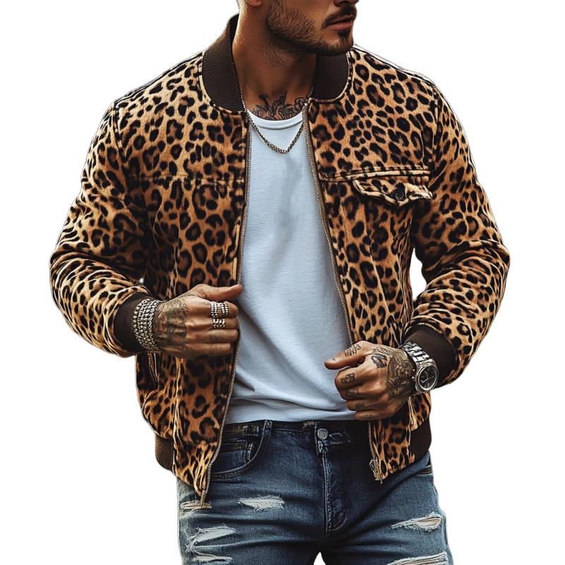 Men’s Vintage Leopard Print Chest Pocket Bomber Jacket Y Men’s Vintage Leopard Print Chest Pocket Bomber Jacket Y