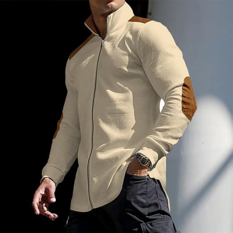 Men’s Color Block Waffle Zipper Stand Collar Long Sleeve Shirt Y Men’s Color Block Waffle Zipper Stand Collar Long Sleeve Shirt Y