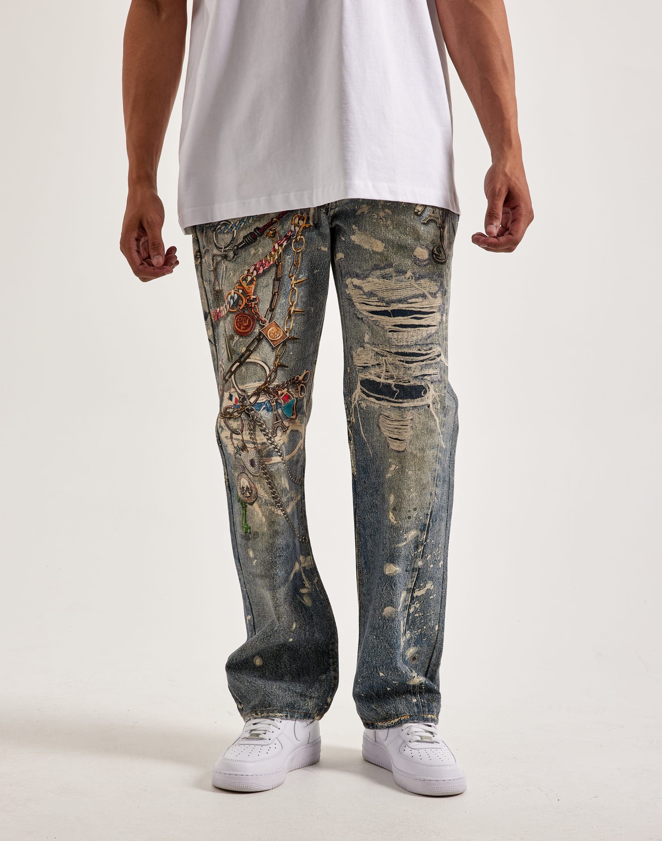 Preme Printed Chain Slim Distressed Denim Jeans