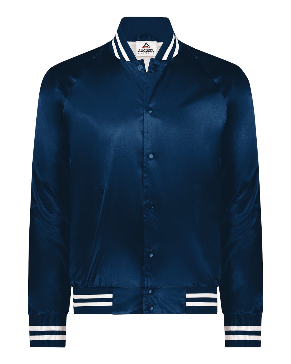 Augusta Sportswear – – Satin Baseball Jacket Striped Trim – Navy White Augusta Sportswear – – Satin Baseball Jacket Striped Trim – Navy White