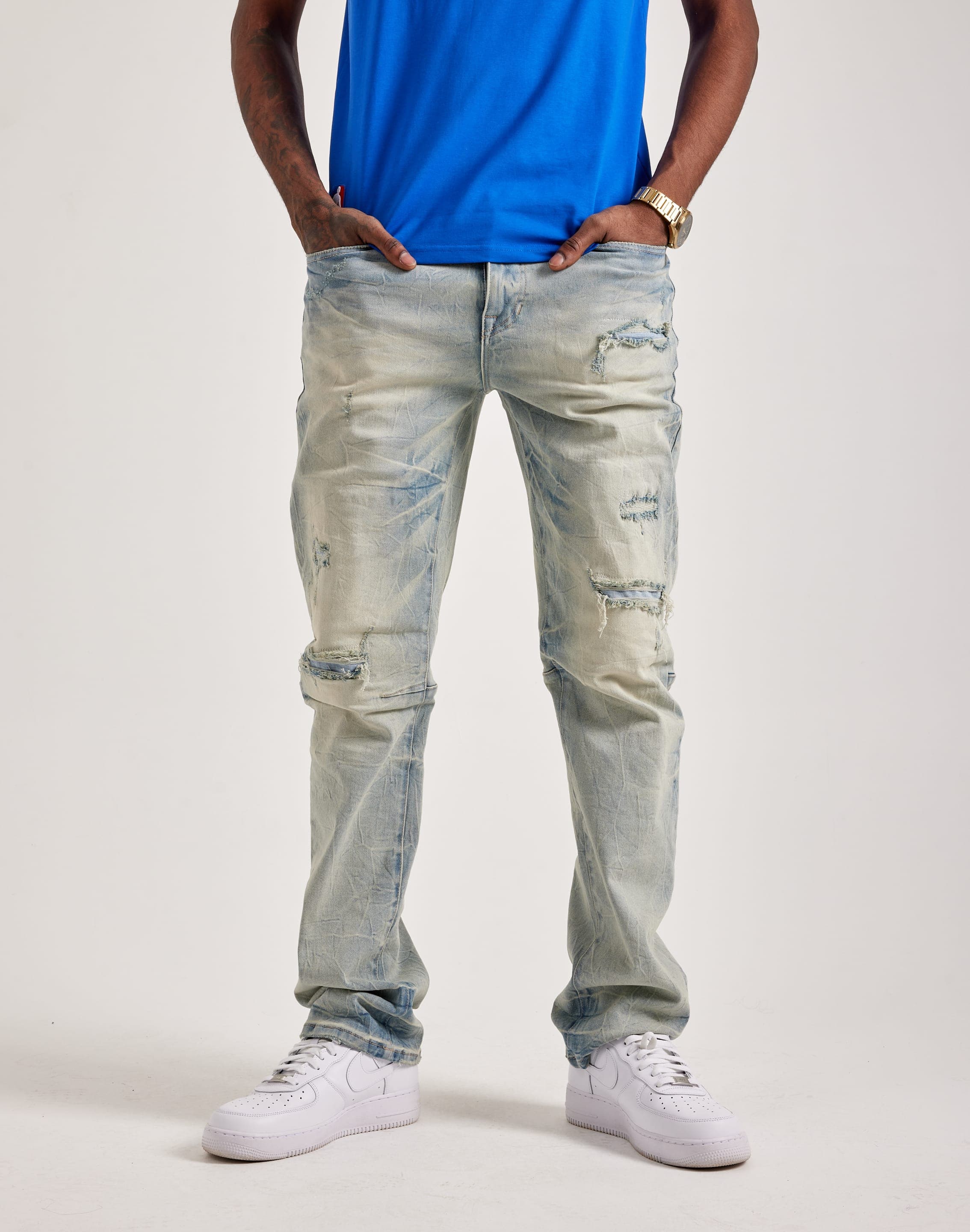 Smoke Rise Wave Effect Distressed Straight Denim Jeans Smoke Rise Wave Effect Distressed Straight Denim Jeans