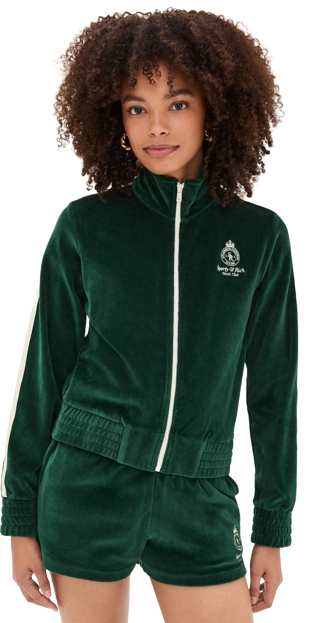 Sporty & Rich Crown Tennis Elio Velour Track Jacket ForestEcru Sporty & Rich Crown Tennis Elio Velour Track Jacket ForestEcru
