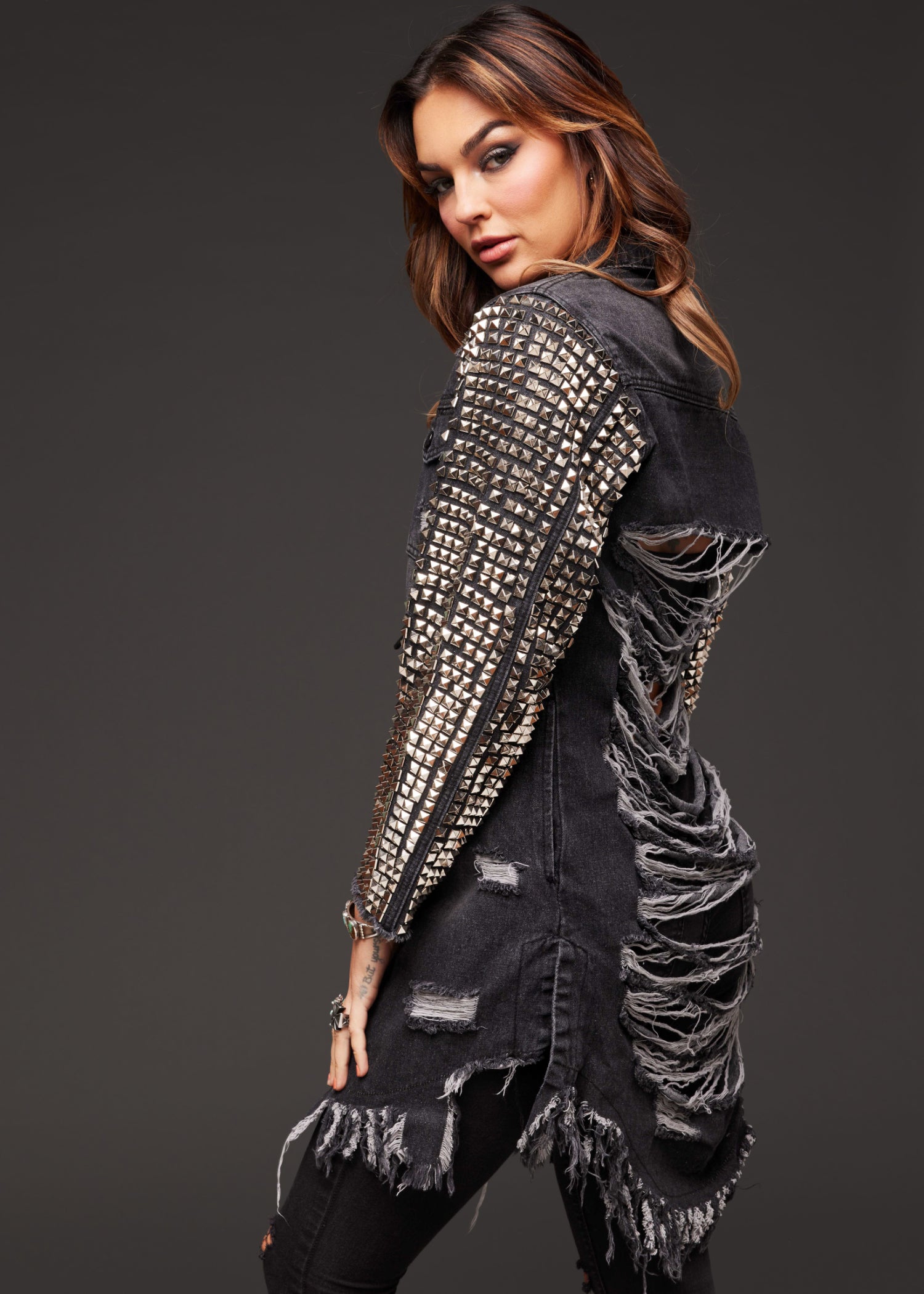Ripped Denim Coat Jacket with Studs – Black Ripped Denim Coat Jacket with Studs – Black