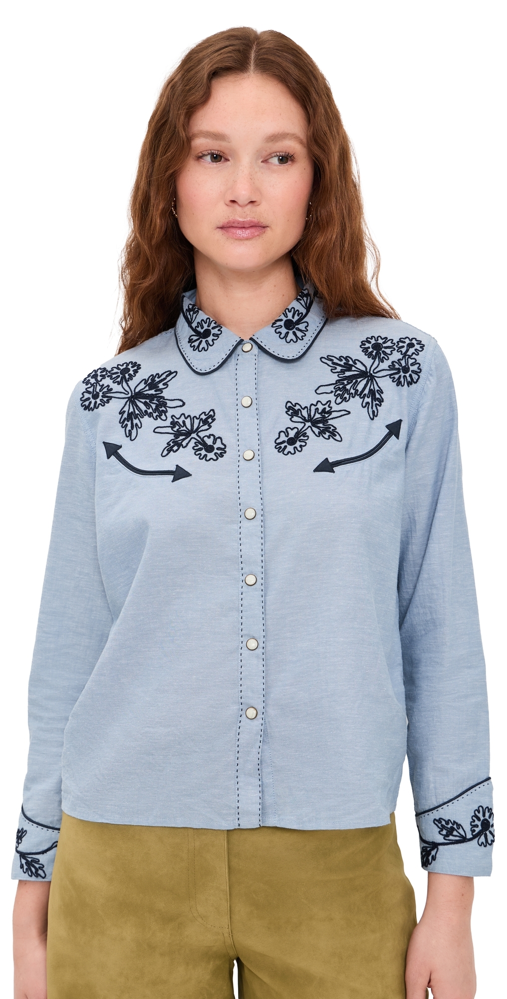 THE GREAT. THE GREAT x Stetson The Chambray Embroidered Western Shirt Chambray THE GREAT. THE GREAT x Stetson The Chambray Embroidered Western Shirt Chambray