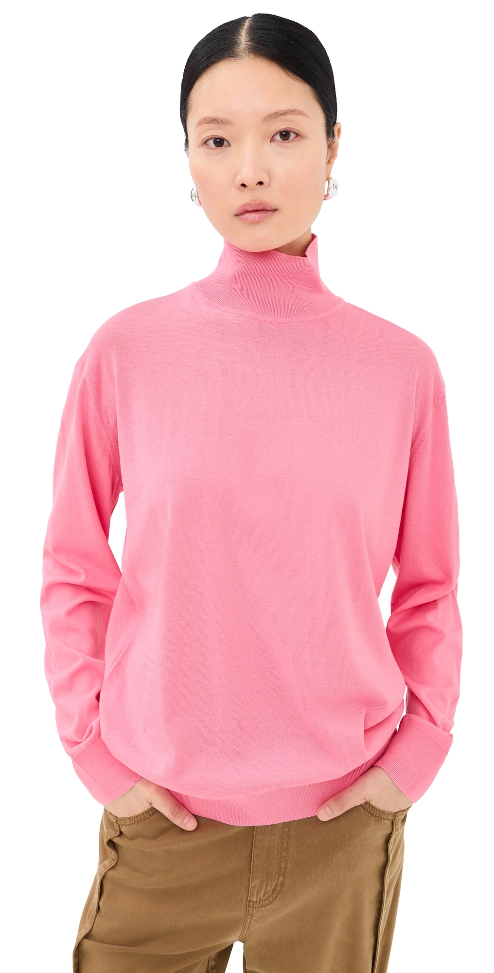 Tibi Super Fine Gauge Perfect Turtleneck Pullover Bubble Gum Pink