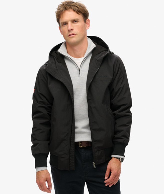 Superdry Men’s Mens Classic Embroidered Logo Surplus Nylon Hooded Bomber Jacket, Black Superdry Men’s Mens Classic Embroidered Logo Surplus Nylon Hooded Bomber Jacket, Black