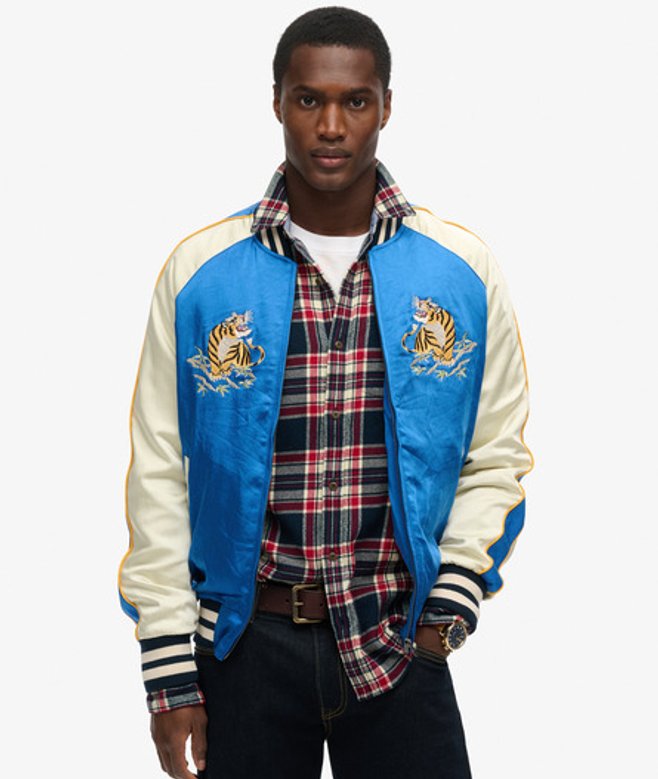 Superdry Mens Fully Lined Embroidered Sukajan Bomber Jacket, Blue Superdry Mens Fully Lined Embroidered Sukajan Bomber Jacket, Blue