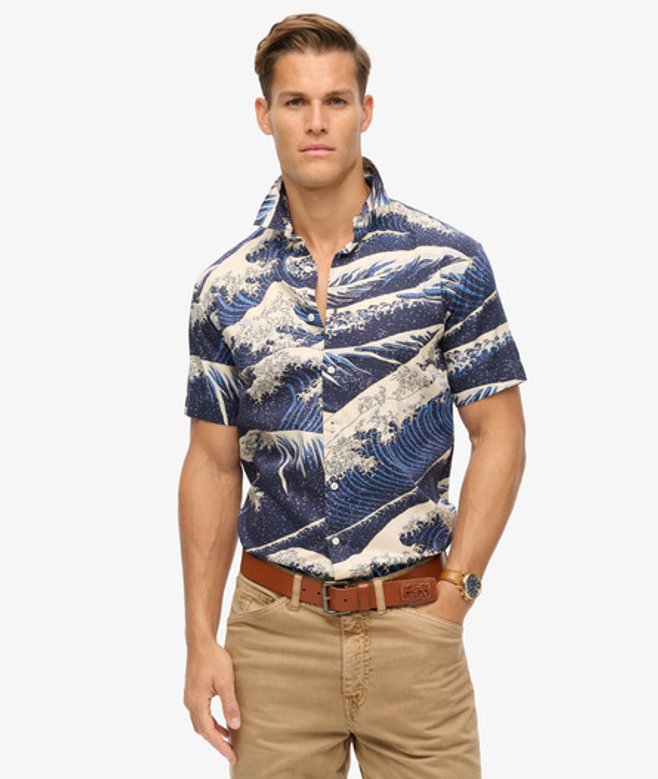 Superdry Men’s Mens Classic Wave Print Short Sleeve Hawaiian Shirt, Blue and White Superdry Men’s Mens Classic Wave Print Short Sleeve Hawaiian Shirt, Blue and White