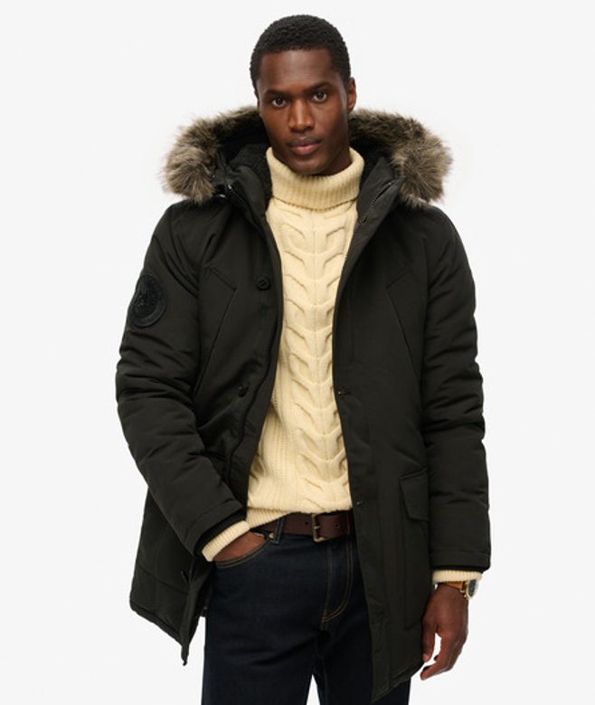 Superdry Men’s Men’s Everest Faux Fur Hooded Parka Coat Dark Grey Jet Black Superdry Men’s Men’s Everest Faux Fur Hooded Parka Coat Dark Grey Jet Black